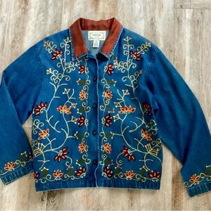 Tantrums Blue Denim Jacket with Brown and Orange Embroidery, pockets Med